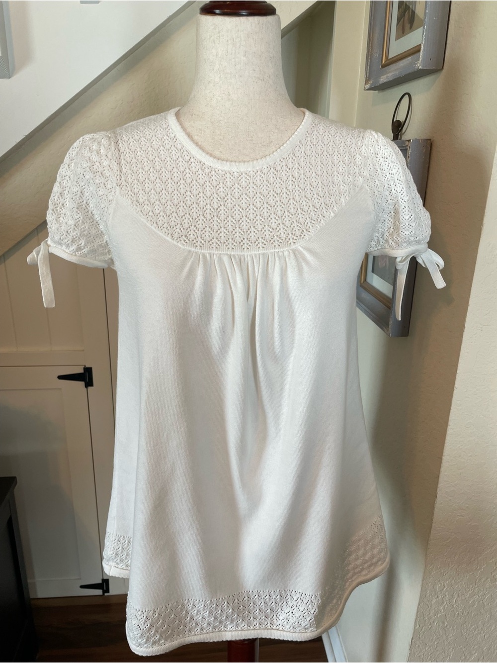 eight eight eight White Cottagecore Crochet Lace Top Babydoll Blouse M